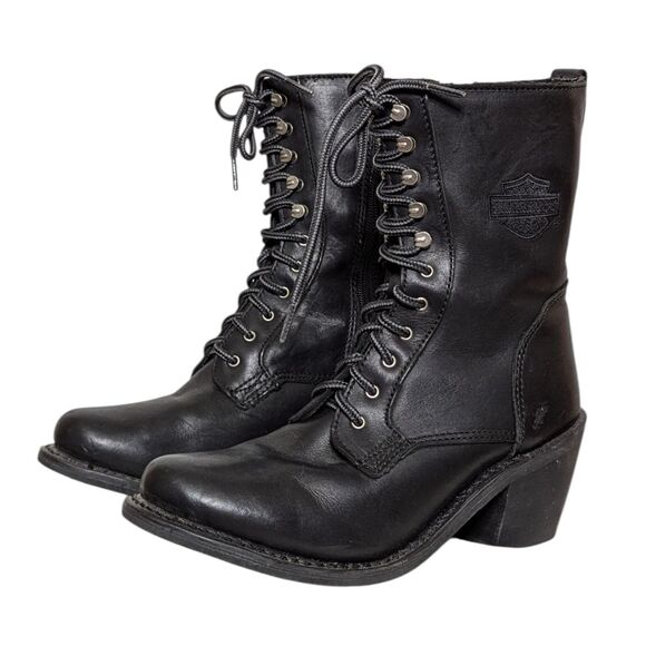 Harley Davidson Black Boots Size 8 Women's Lace Up Moto Biker Combat Heeled - Picture 4 of 15